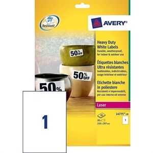 Avery Zweckform L4775-20 weerbestendige etiketten / 210 mm x 297 mm / 20 etiketten