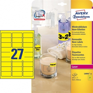Avery Zweckform L6004-25 etiketten / neon geel / 63,5 mm x 29,6 mm / 675 etiketten