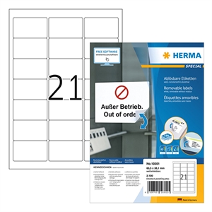 Herma 10301 verwijderbare etiketten / A4 / 63,5 x 38,1 mm / wit / 2100 etiketten