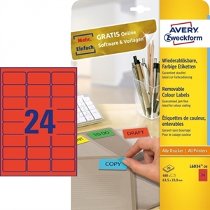 Avery Zweckform L6034-20 universele etiketten / rood / 63,5 mm x 33,9 mm / 480 etiketten