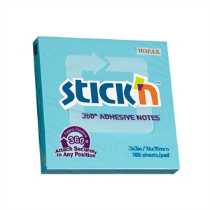 Stick'n memoblok / 360 graden lijmrand / 76 x 76 mm / blauw / 100 vel