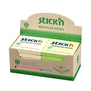 Stick'n memoblokken recycled / 76 x 76 mm / assorti pastelkleuren / 12 stuks