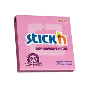 Stick'n memoblok / 360 graden lijmrand / 76 x 76 mm / roze / 100 vel