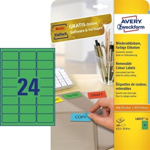 Avery Zweckform L6033-20 universele etiketten / groen / 63,5 mm x 33,9 mm / 480 etiketten
